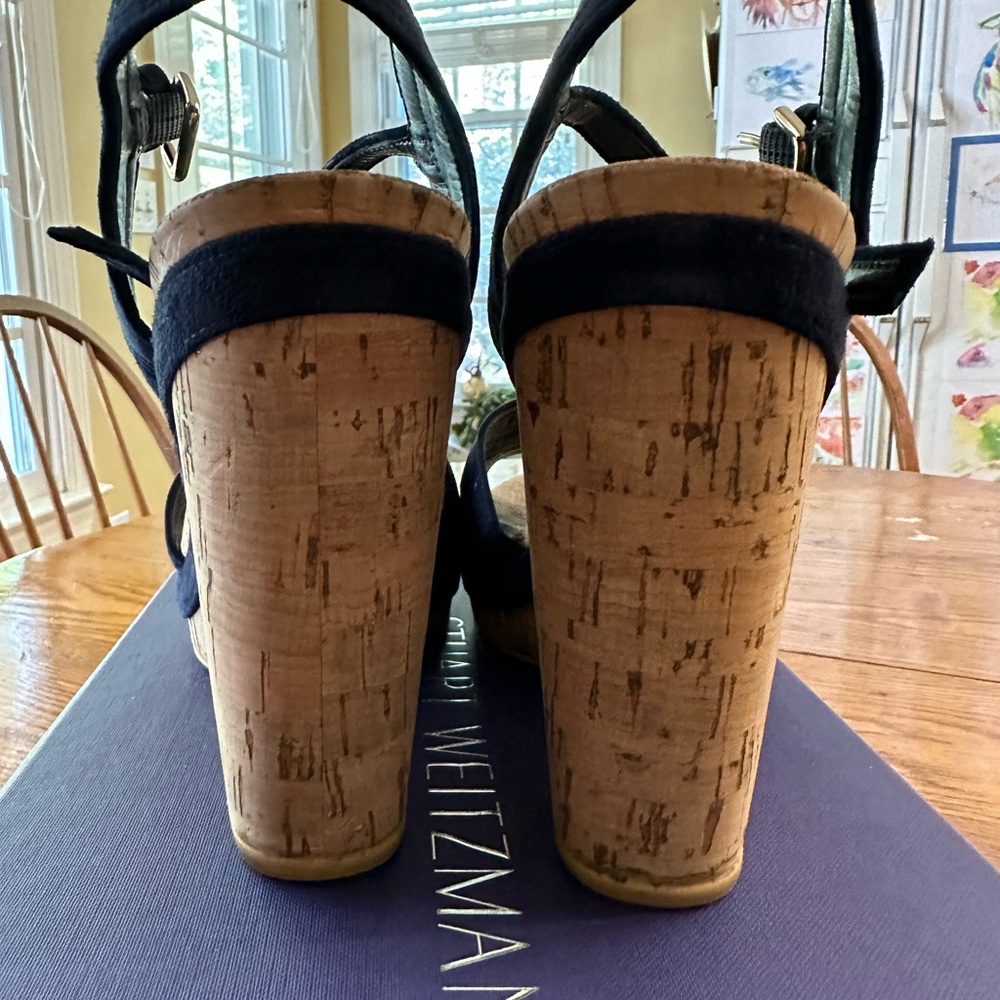 Stuart Weitzman Navy Fabric Cork Platform Wedge Sandals - Picture 2 of 10
